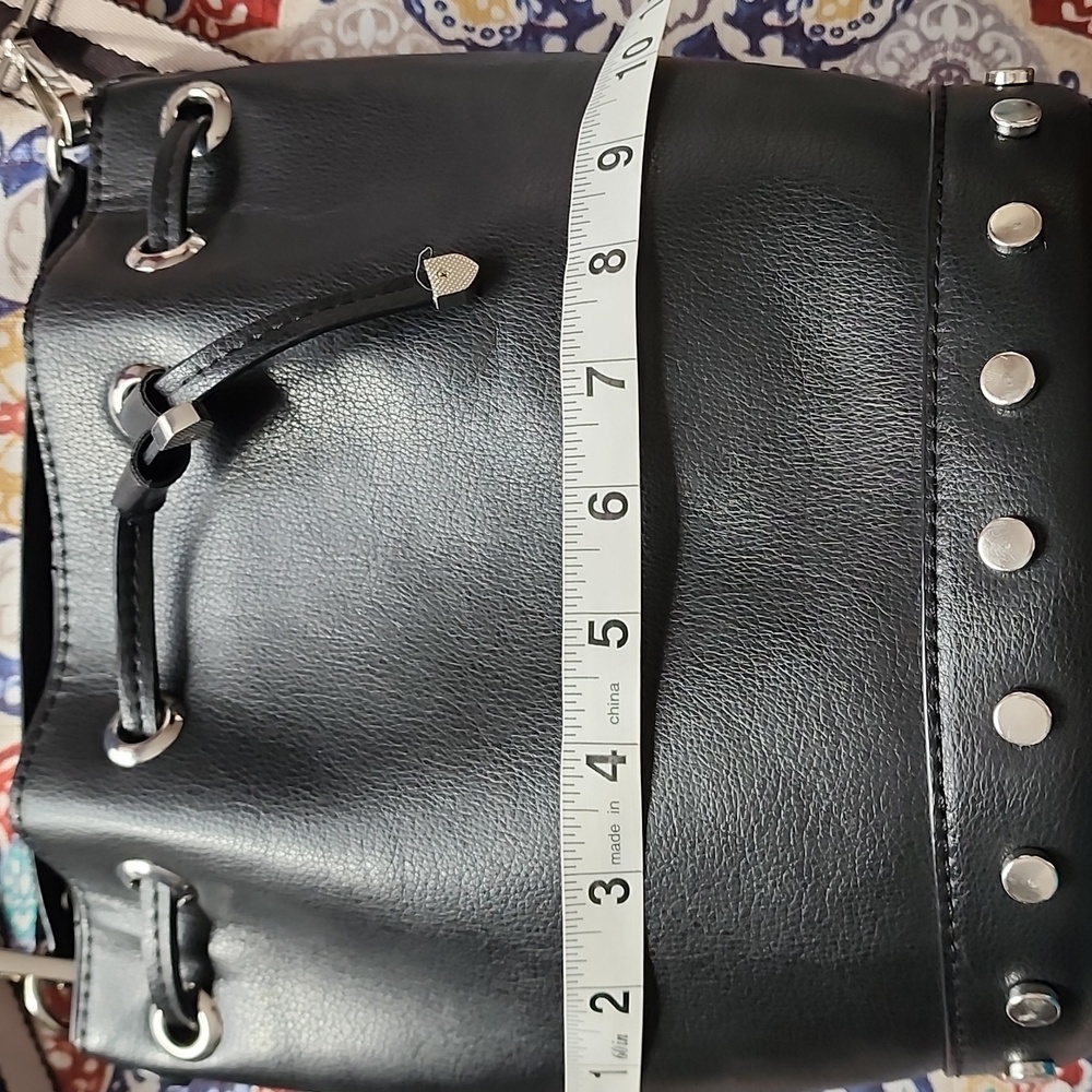ZARA Black Faux Leather Bucket Bag Studded Base w/ Stripe Crossbody Strap - Picture 8 of 9
